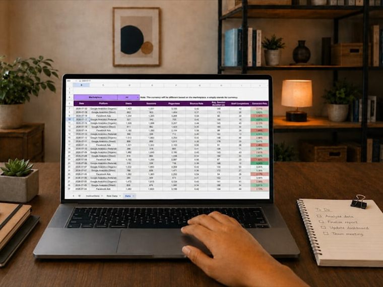A laptop showing a detailed spreadsheet on a home-office desk
